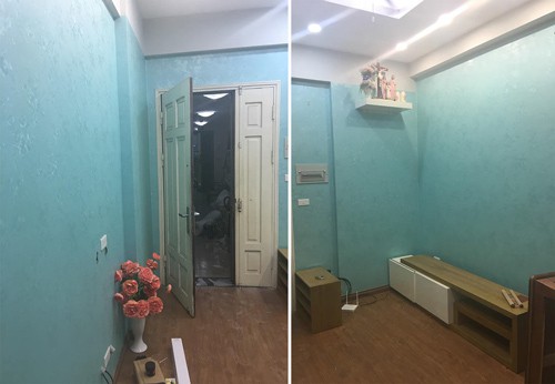 Căn hộ thuê 61,5 m2 của một đôi vợ chồng trẻ ở khu đô thị Hoàng Văn Thái, quận Thanh Xuân, Hà Nội trước khi cải tạo khá đơn điệu, tối tăm với giấy dán tường xanh, kệ tivi... Ngay khi đến thuê, họ quyết định cải tạo nội thất cho trẻ trung, hiện đại hơn. Vì chi phí ít, nên hai vợ chồng làm trước khu bếp và phòng khách. Họ yêu cầu kiến trúc sư giữ lại toàn bộ cửa đi, phần bếp đã có sẵn, và cửa sổ.