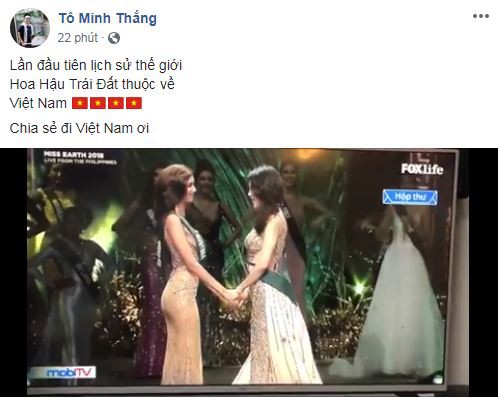 Ca sĩ Tô Minh Thắng tự hào khi Hoa hậu Trái đất thuộc về Việt Nam.