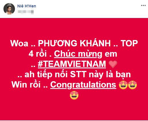 Hoa hậu Hoàn vũ Việt Nam HHen Niê khen ngợi phần ứng xử của Phương Khánh.