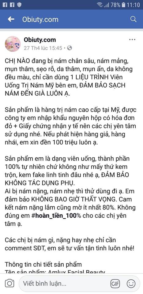 Rất nhiều bài viết trên fanpage Obiuty.com quảng cáo viên nang Amlux Facial Beaty có công dụng như thuốc chữa bệnh. Ảnh: X.Thắng