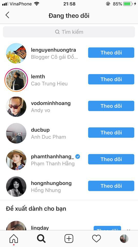 Hà Anh Tuấn follow Thanh Hằng trên instagram