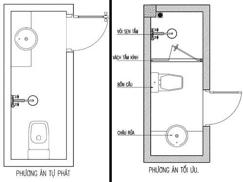 
Trong hình, phương án phòng tắm bố trí theo cách cũ (trái) và phương án bố trí lại, có vách tắm kính, đảm bảo khu vực tắm ấm áp và ngăn nước từ buồng tắm chảy ra (phải). Ảnh: Trịnh Hải Long.
