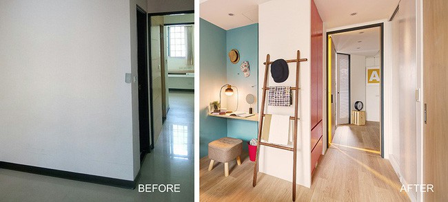 Lối vào nhà trước và sau khi cải tạo. Từ lối vào, chị Kathy khéo léo thiết kế tủ âm tường để cất trữ gọn gàng đồ đạc. Mặt cánh tủ với lớp sơn hồng đậm kết hợp sàn gỗ tạo cảm giác trẻ trung, ấm cúng.