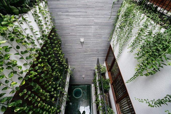 Ngôi nhà có hồ nước xanh nằm trong khu vực giếng trời. Các không gian trong ngôi nhà liên thông, hướng mở ra thiên nhiên, cây xanh, khí trời, đem lại cảm giác thư thái cho gia chủ.