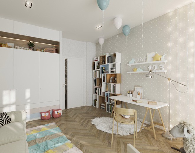 Bàn học, tủ sách hay tủ quần áo đều có đầy đủ bên trong phòng ngủ của bé.