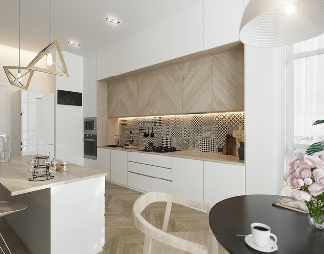 Gạch bông với nhiều học tiết đặc sắc được sử dụng để mang đến nét sinh động, tạo điểm nhấn cho căn bếp nhỏ này.