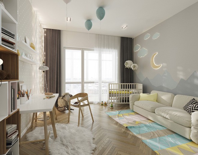 Tường phòng ngủ của bé được vẽ và dán giấy dán tường hết sức sinh động bắt mắt.