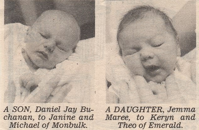 Hình ảnh của Jemma và Daniel được đặt cạnh nhau trên trang báo đưa tin về những đứa trẻ mới chào đời của địa phương.