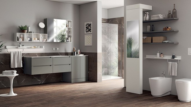 Phòng tắm Idro của Scavolini trong gam màu xám trở thành biểu mẫu cho thiết kế không gian phòng giặt là
