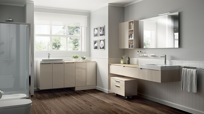 Những chiếc tủ với bề mặt trơn bóng cùng với các thiết bị giặt là vừa vặn tạo nên một thiết kế Idro theo chủ đề giặt là