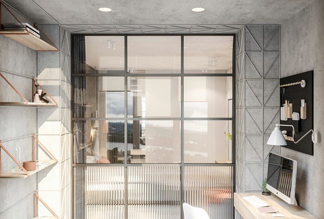 Từ bên ngoài nhìn vào ban công được bố trí thành nơi làm việc.