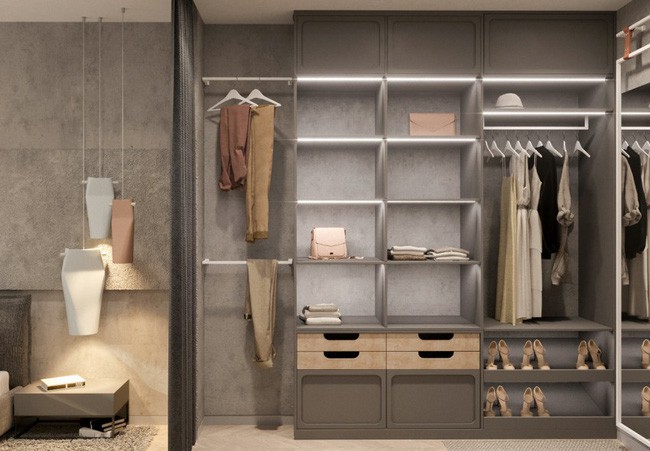 Khu đựng quần áo, phục trang ngăn nắp và sang trọng.