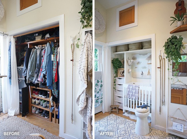Trước và sau khi cải tạo tủ quần áo thành phòng em bé.