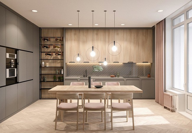 Khu vực bàn ăn xinh xắn, phục vụ cho việc ăn uống thêm sinh động hơn với những chiếc đèn lung linh phía trên.