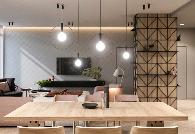 Bài trí đèn độc đáo trong những ô hình tròn có độ to nhỏ khác nhau khiến nơi đây trở thành bàn ăn đáng mơ ước của nhiều người.