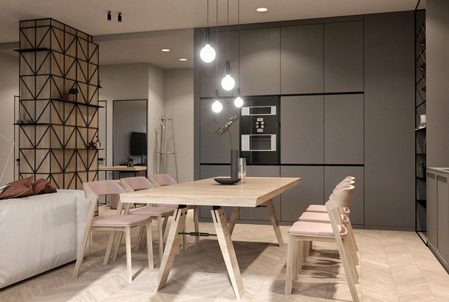 Khu lưu trữ hiện đại kèm thanh sắt sọc giúp lưu trữ đồ đạc hiệu quả hơn.