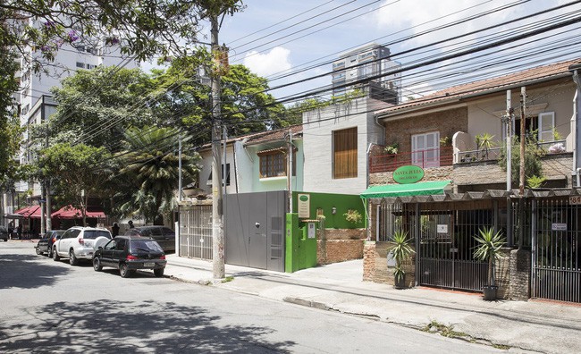 Một bên tường được sơn màu xanh lá nổi bật.