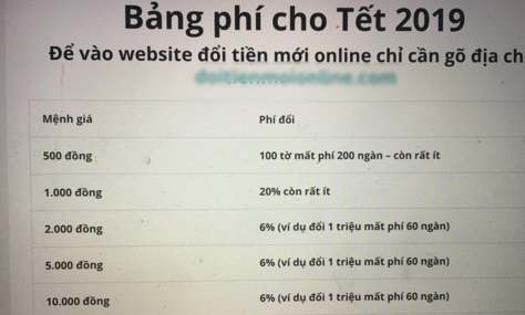 Bảng phí đổi tiền lẻ lì xì Tết 2019 của một trang website. Ảnh chụp màn hình. 