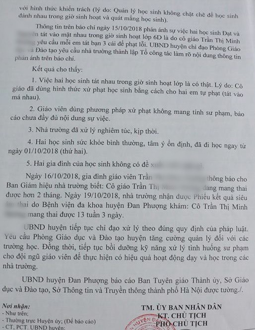 Kết luận của UBND huyện Đan Phượng về việc học sinh tát nhau ở Trường THCS Thọ Xuân.