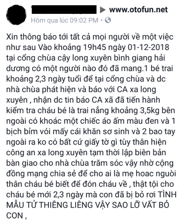 Sự việc cháu bé bị bỏ rơi trước cổng chùa Cậy được bạn đọc chia sẻ lên mạng xã hội để tìm người thân. Ảnh: Đ.Tùy