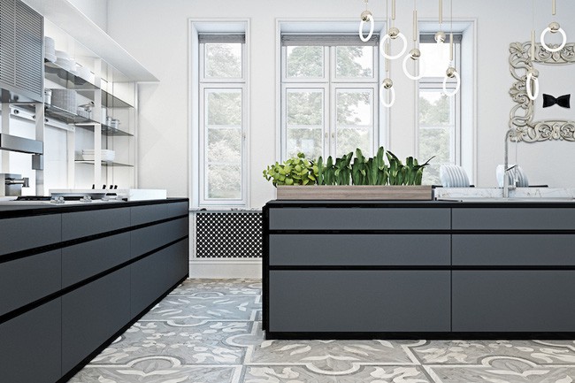 Các đường nét đơn giản và sạch sẽ của đồ nội thất kết hợp với màu xanh của rau là cái nhìn hiện đại đầy tinh tế.