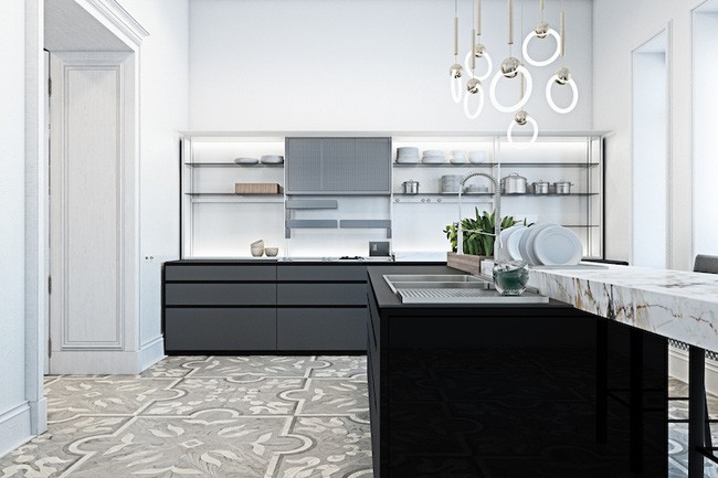 Một lần nữa thiết bị chiếu sáng lại được chọn là điểm nhấn hiện đại cho toàn bộ không gian.