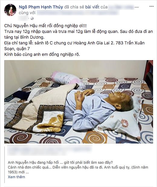 
NSƯT Hạnh Thúy thông báo tin nghệ sĩ Nguyễn Hậu mất với các đồng nghiệp.
