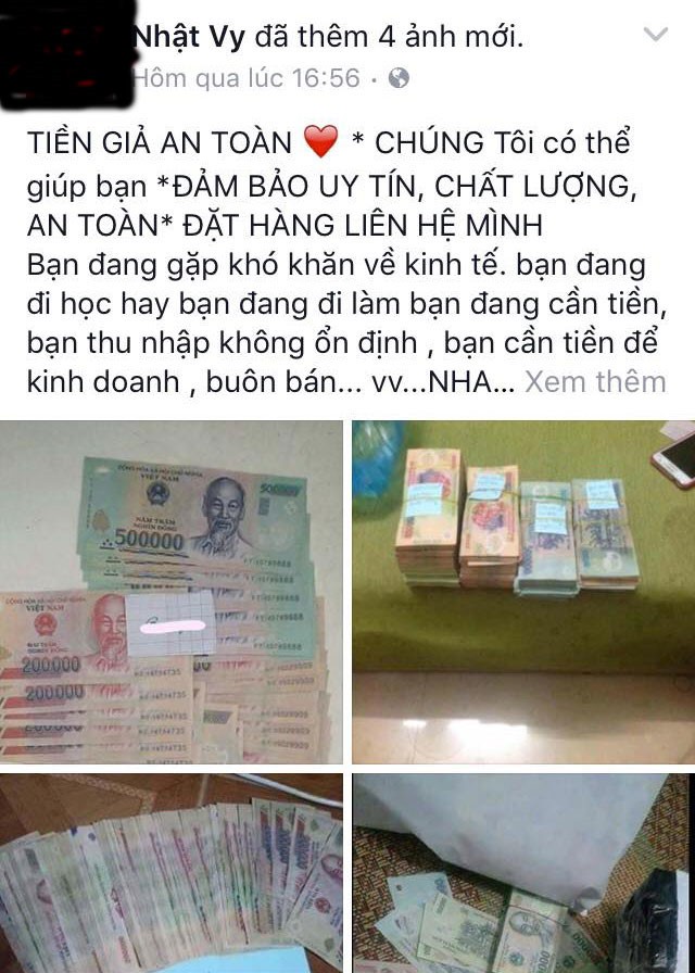 
Một trong những Facebook bán tiền giả trên mạng.
