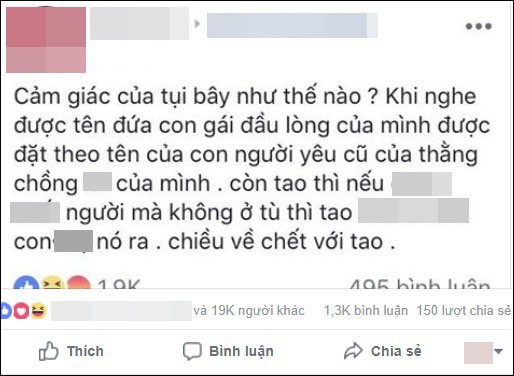 
Bài đăng trần tình về sự việc con gái đầu lòng bị chồng đặt tên là tên người yêu cũ.
