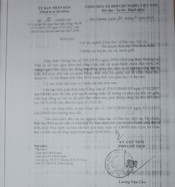 
Công văn của UBND tỉnh Hải Dương gia hạn cho giáo viên hợp đồng ngoài biên chế. Ảnh: Đ.Tùy
