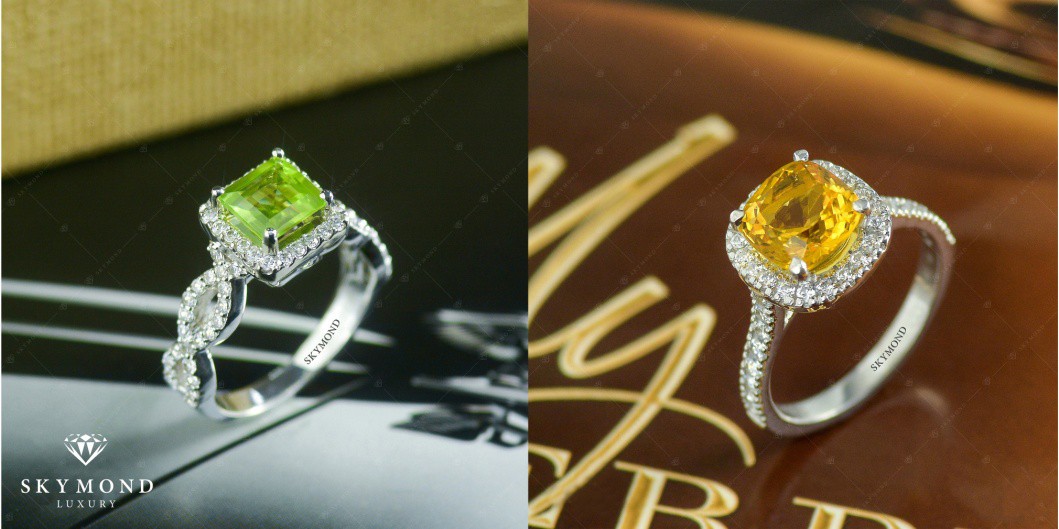 Nhẫn nữ Platin gắn đá Citrine tương sinh mệnh Kim hoặc mệnh Kim có thể khắc chế nhẫn Platin gắn đá Peridot