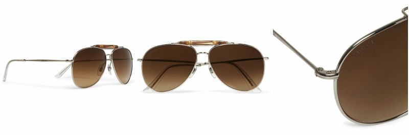 Gucci Aviator-Style Bamboo-Trimmed Silver-Tone Polarised Sunglasses: Có giá thành không hề rẻ (540 USD), nhưng thiết kế kính phi công mới của Gucci vẫn được phái mạnh săn đón bởi thiết kế trẻ trung, thanh lịch. Phần gọng nối mắt kính có họa tiết thân tre đặc trưng khiến thiết kế càng thêm độc đáo. Sản phẩm dễ dàn kết hợp với nhiều item cơ bản như sơ mi trắng và jeans truyền thống.