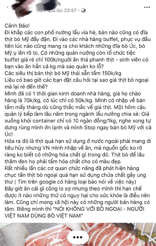 Thông tin thịt bò mỹ nhập khẩu giá rẻ vì là hàng hết hạn sử dụng đang lan truyền chóng mặt trên mạng xã hội khiến nhiều người hoang mang lo lắng