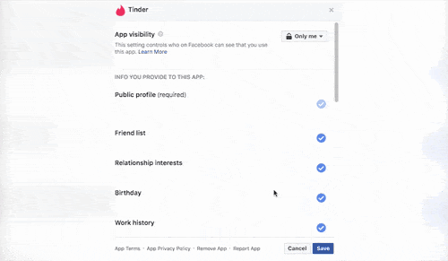 
Các thông tin mà Tinder thu thập khi người dùng đăng nhập bằng Facebook.
