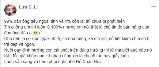 99% đàn ông đều ngoại tình và 1% còn lại thì chưa bị phát hiện.