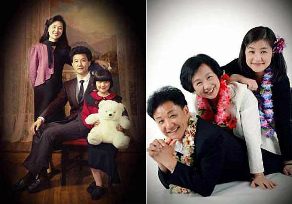 &Ocirc;ng Hu b&ecirc;n vợ v&agrave; con g&aacute;i năm 1991 (ảnh tr&aacute;i) v&agrave; 2014 (ảnh phải).