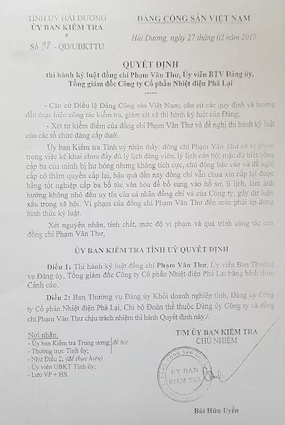 
Tháng 2/2017, Tổng giám đốc Công ty cổ phần nhiệt điện Phả Lại Phạm Văn Thư đã bị Ủy ban kiểm tra Tỉnh ủy Hải Dương kỷ luật cảnh cáo.
