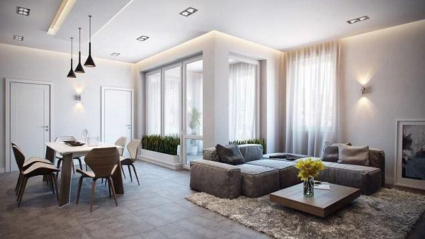 Sơn phòng và trần nhà màu sáng, bạn nên sử dụng nội thất trung tính và sàn nhà màu sẫm.