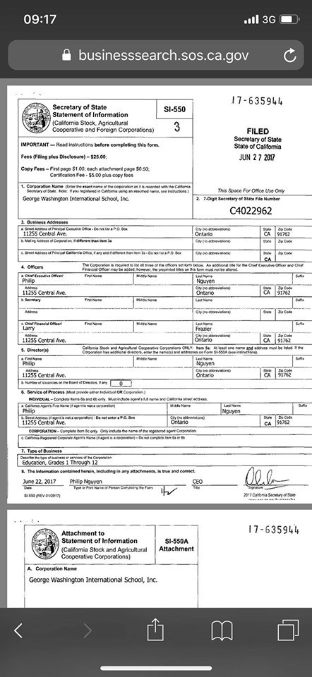 Trường GWIS tại bang Florida v&agrave; California do một người Mỹ gốc Việt đăng k&yacute; giấy ph&eacute;p. Ảnh chụp m&agrave;n h&igrave;nh.