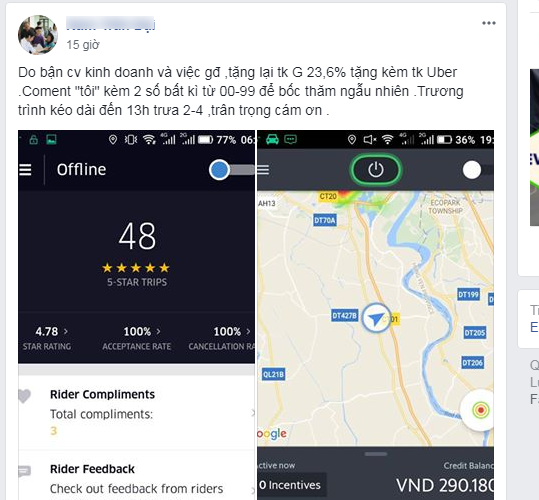 Một kiểu rao bán tài khoản Grab có kèm theo tài khoản Uber có số tiền thưởng thường thấy trong những ngày gần đây trên mạng