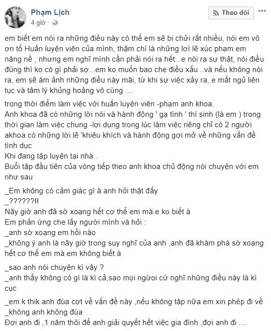 Một phần nội dung trạng thái của Phạm Lịch tố Phạm Anh Khoa gạ tình. Ảnh: Chụp màn hình.