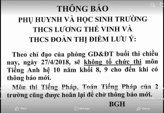 Thông báo hoãn thi của Trường THCS Lương Thế Vinh đăng tải trên Facebook của trường sát giờ thi.