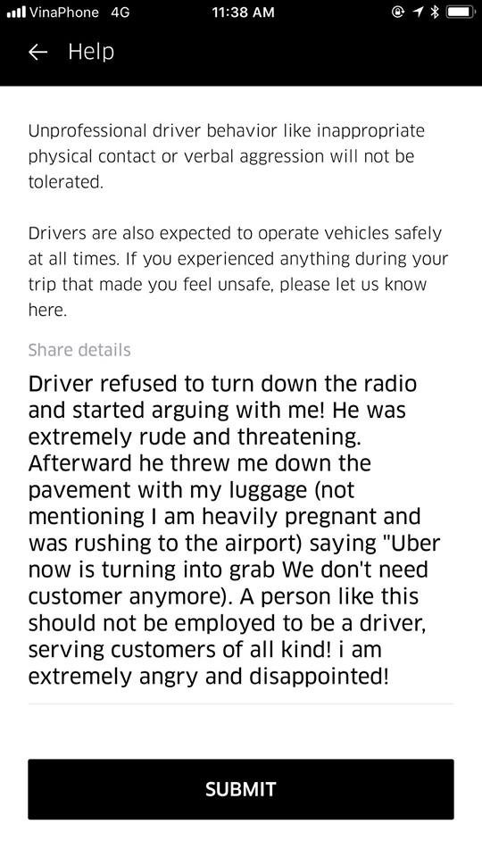 Nội dung siêu mẫu Hà Anh báo cáo với Uber về cách hành xử của tài xế hãng này. Nguồn: Facebook
