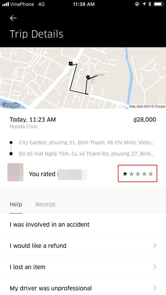 Chị Hà Anh đã đánh 1 sao kèm những nhận xét về hành vi của tài xế. Nguồn: Facebook.