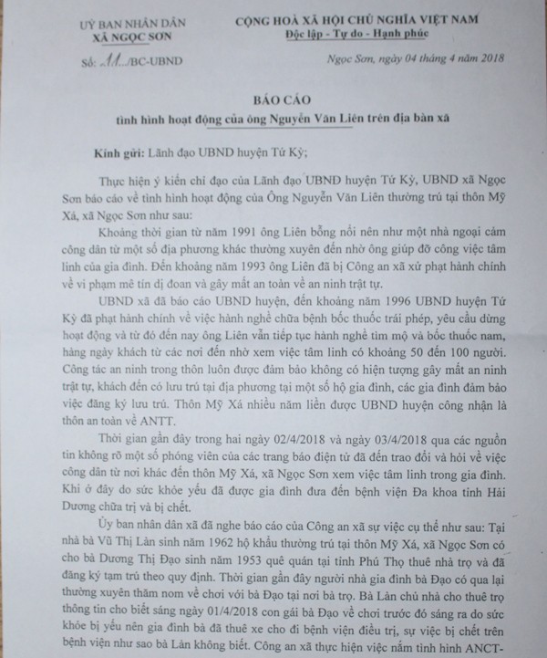 
Báo cáo của UBND xã Ngọc Sơn gửi UBND huyện Tứ Kỳ về hoạt động của ông Liên. Ảnh: Đ.Tùy
