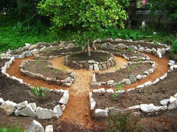 Sử dụng cây làm điểm nhấn, xây xung quanh gốc cây nhỏ những đường viền tạo hình tròn lớn. Trồng rau ở các luống được đình hình khuôn bằng đá để có được khoảng sân vườn đẹp như trong mơ.