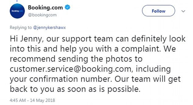 Đại diện từ phía trang web đặt phòng Booking.com đã liên lạc với Jenny nhưng cô quyết định bỏ qua và từ chối khiếu nại