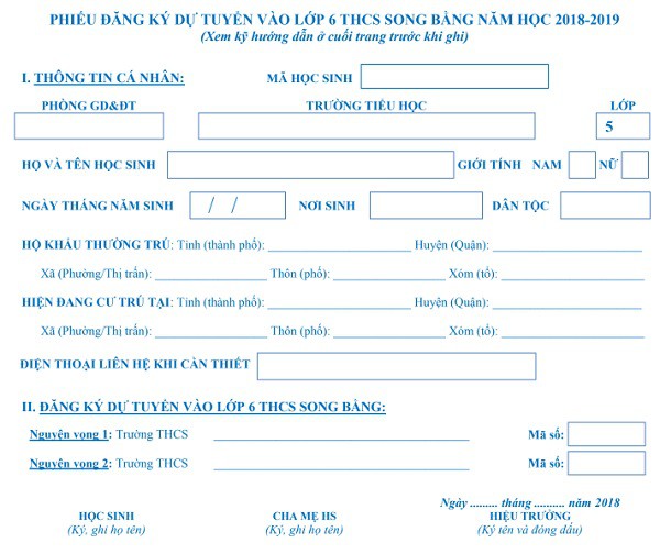 Mẫu đơn đăng ký dự tuyển vào lớp 6 chương trình song bằng tại Hà Nội.