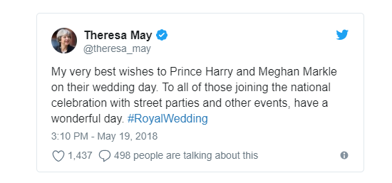 Thủ tướng Anh Theresa May đã gửi lời chúc mừng hạnh phúc tới Hoàng tử Harry và hôn thê Meghan ngay trước lễ cưới. Bà May cũng như các chính khách khác không có trong danh sách khách mời đám cưới hôm nay. (Ảnh: Twitter)
