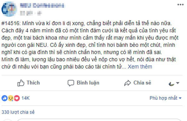 
Câu chuyện thu hút hơn 14 nghìn lượt quan tâm cùng với đó là 330 lượt chia sẻ. Ảnh chụp màn hình
